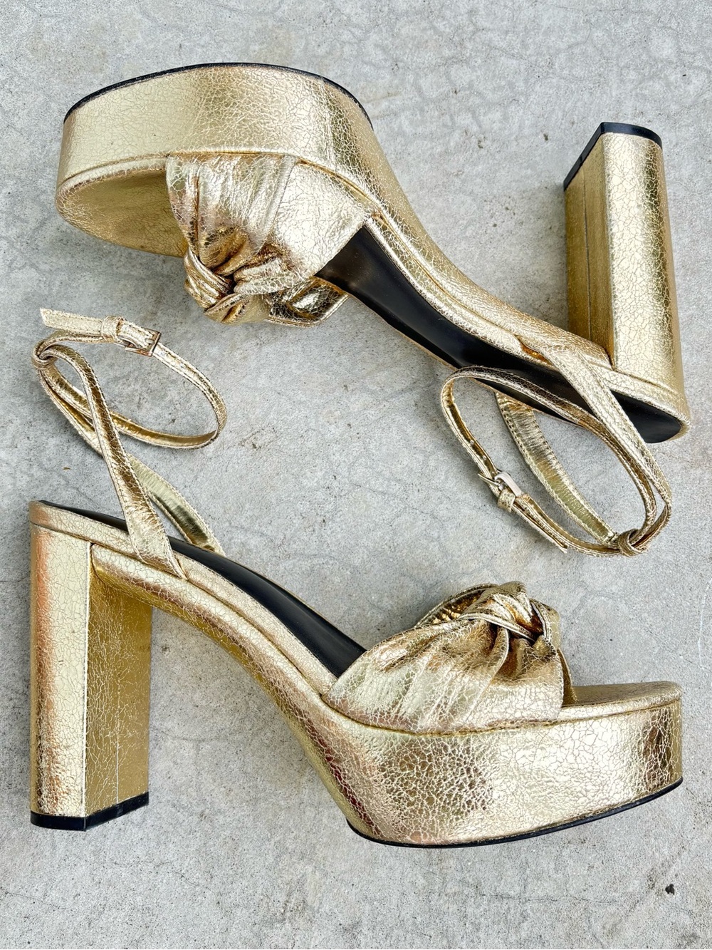 Rebecca Minkoff Gold Platform Heels Metallic Bow Ankle Strap Sandals Glam 11